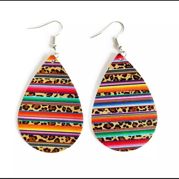 Boutique Jewelry - Serape Stripe & Leopard Faux Leather Teardrop Earrings – Lightweight & Colorful